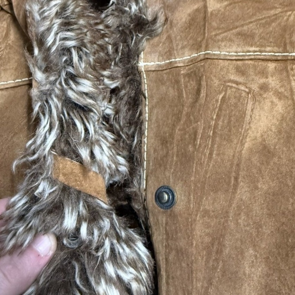 Vintage Tan Suede Leather Afghan Penny Lane Jacket Faux Fur Trim Brown Womens S - Picture 12 of 12